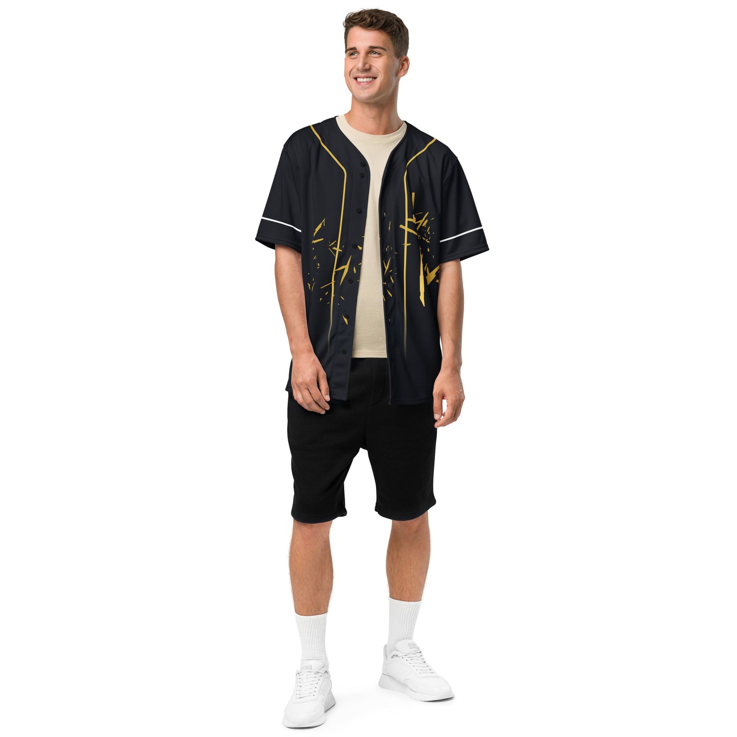 Black baseball jersey with gold abstract "bamboo stick" patterns and white piping on sleeves and placket.