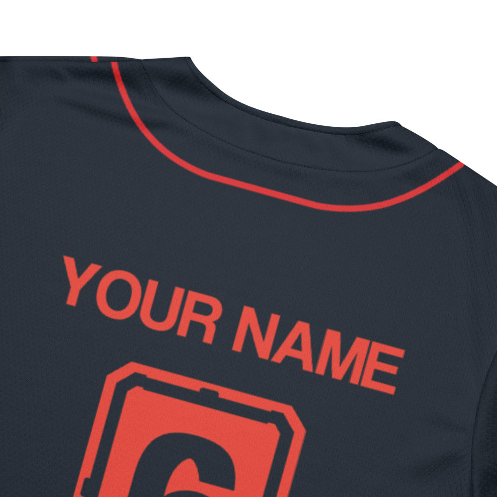 Back of a dark blue sports jersey with red trim, "YOUR NAME" in red, and a partial red number "6".