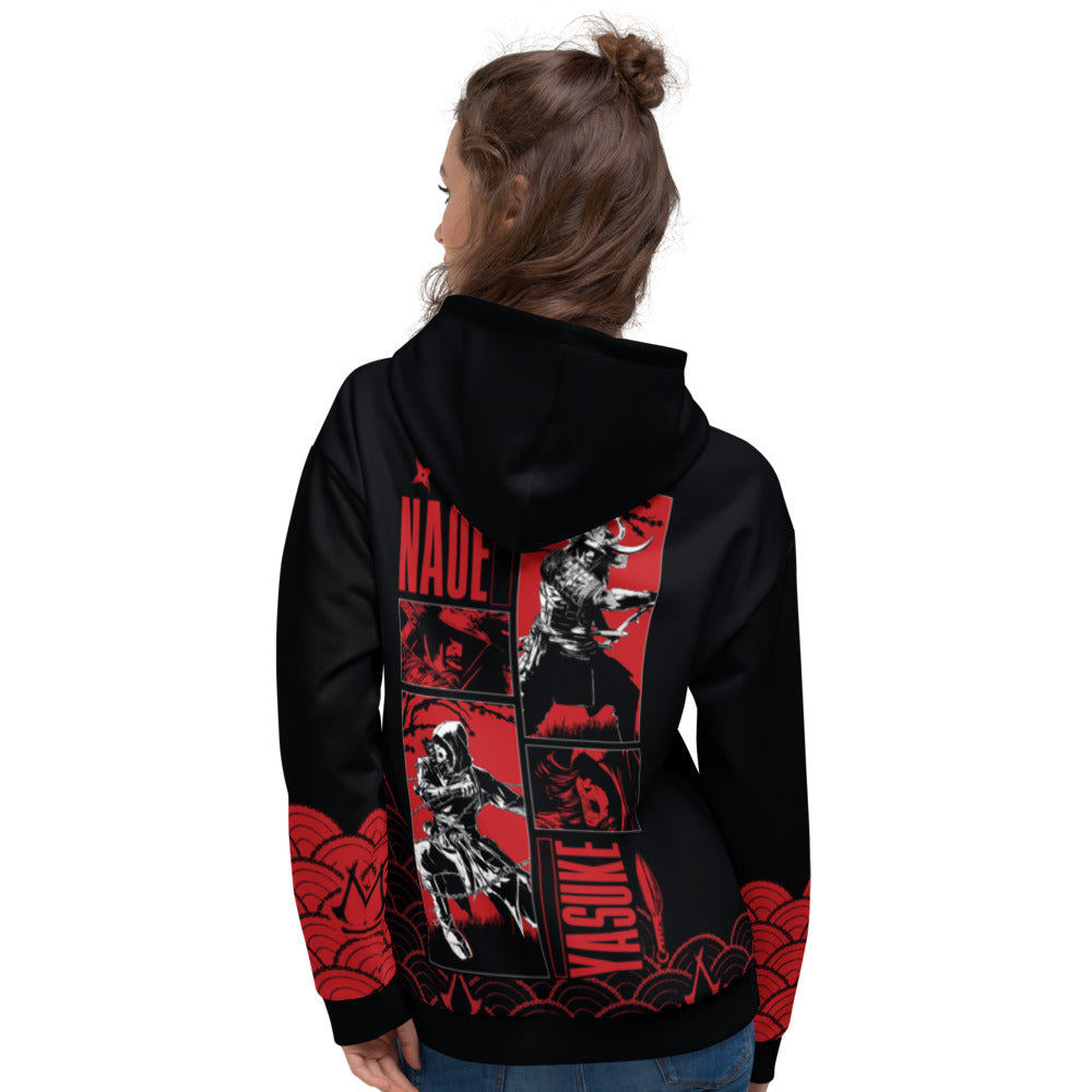 Back of a woman in a black hoodie with red comic-style warrior designs, including "NADE" and "YASUKE" text.