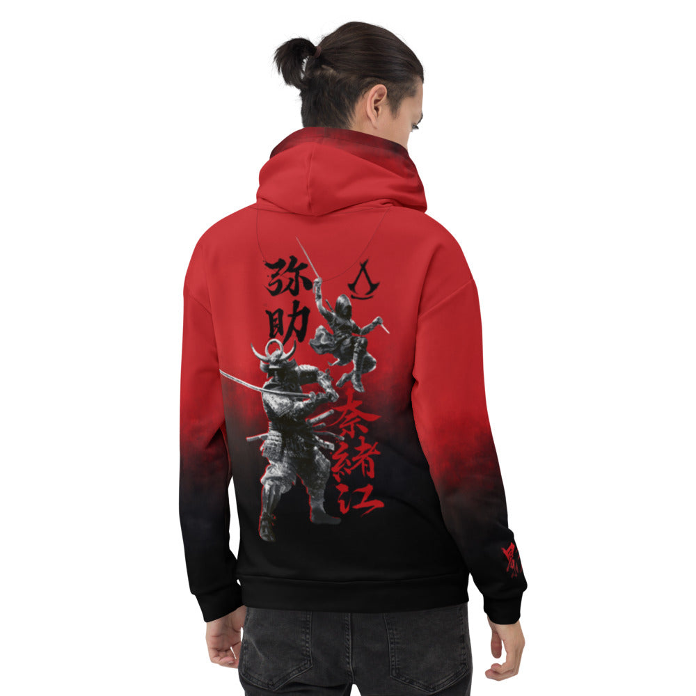 Red and black hoodie with Yasuke the samurai & Naoe the assassin fighting. Japanese text and Assassin's Creed logo.