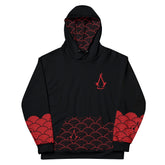 A black hoodie with a red Assassin's Creed logo on the chest, and a red Japanese wave pattern on the hood, sleeves, and pocke