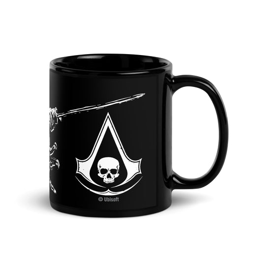 Black mug with the white Assassin's Creed pirate logo (skull, sword) and Ubisoft copyright.