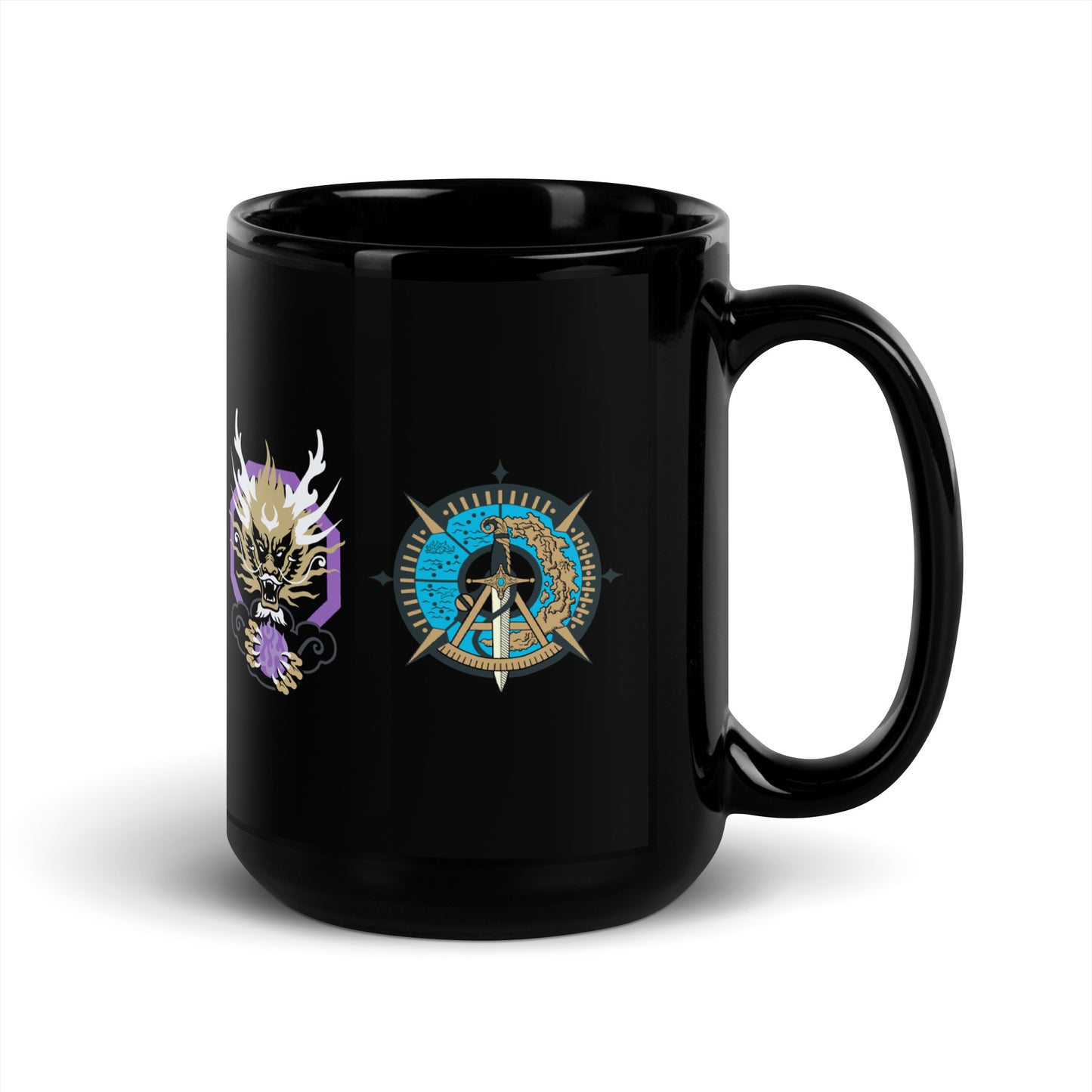 A black coffee mug adorned with a vibrant gold, white, and purple dragon motif and a nautical-themed compass and sword design