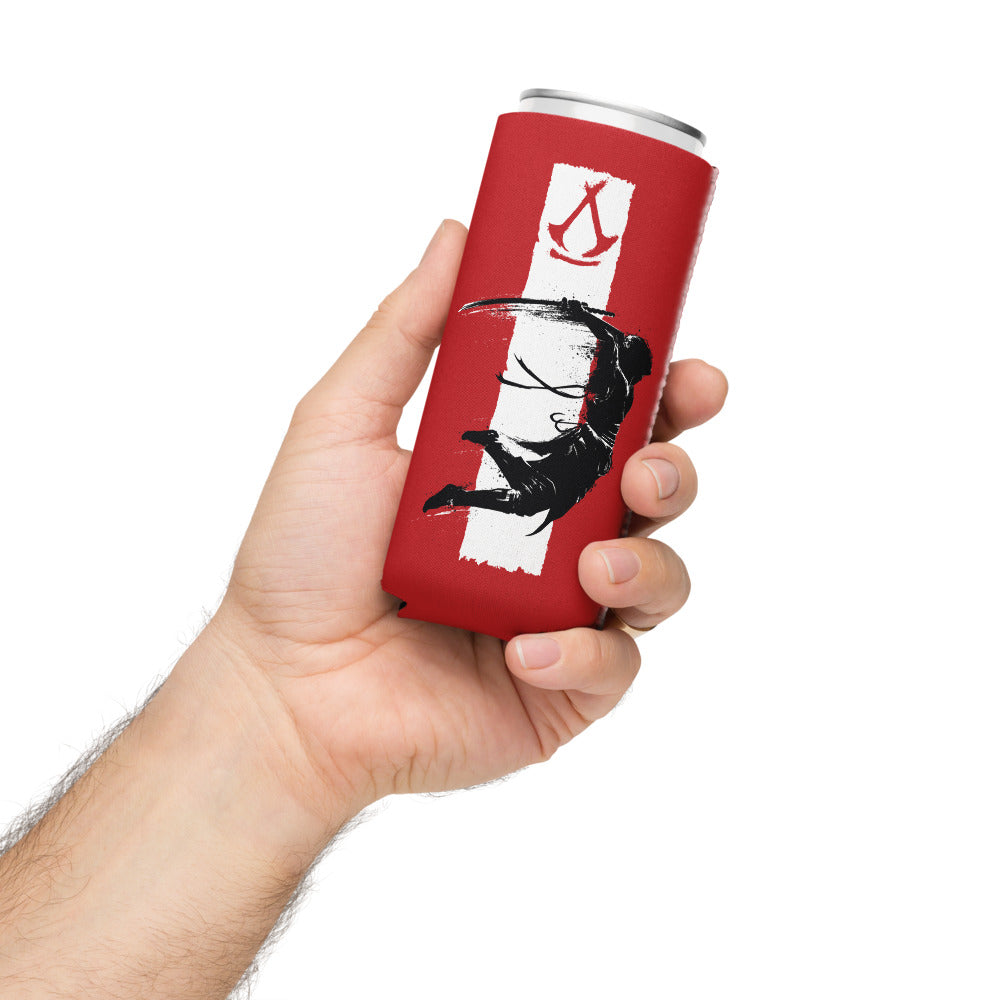 Red can cooler with white vertical stripe, Assassin's Creed logo, and black silhouette of a leaping assassin.