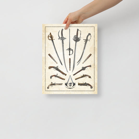 No garment detail visible. A hand holds a poster with swords, flintlock pistols, spyglasses, and an Assassin's Creed skull.