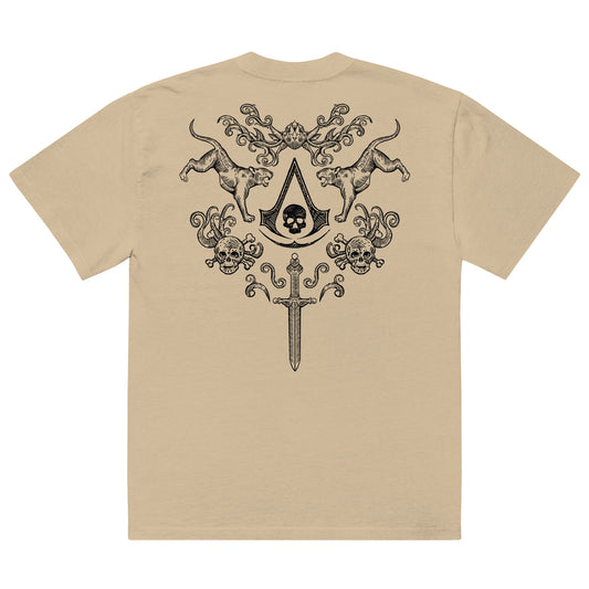 Beige t-shirt back with a black graphic: Assassin's Creed logo flanked by two tigers, with skulls, ornate scrolls, and a swor