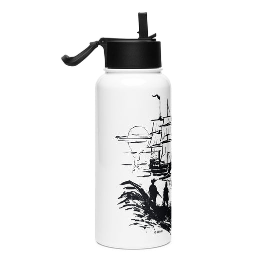 White insulated water bottle with black straw lid. Black silhouette graphic: ship, sun, figures, & © Ubisoft.