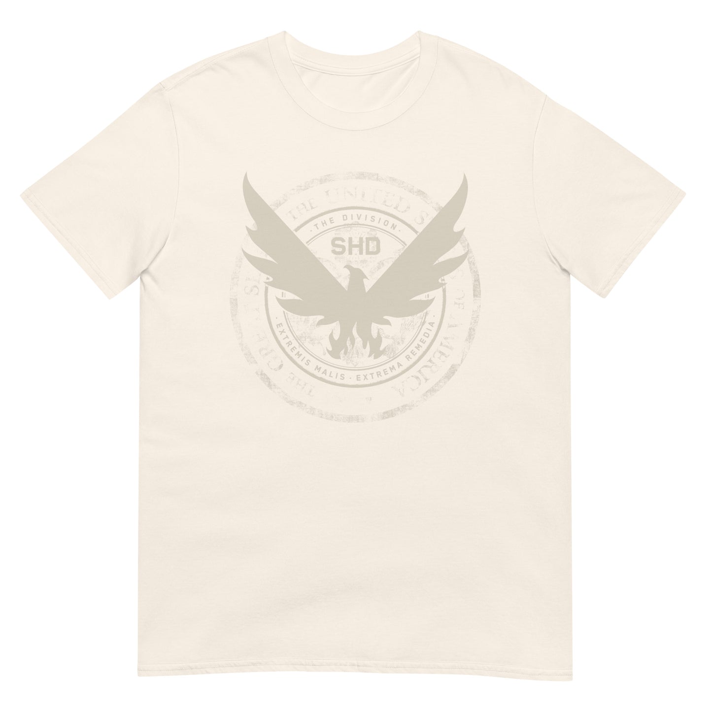 Cream t-shirt with a distressed, faded gray circular graphic of a phoenix with spread wings, and 'THE DIVISION SHD' text.