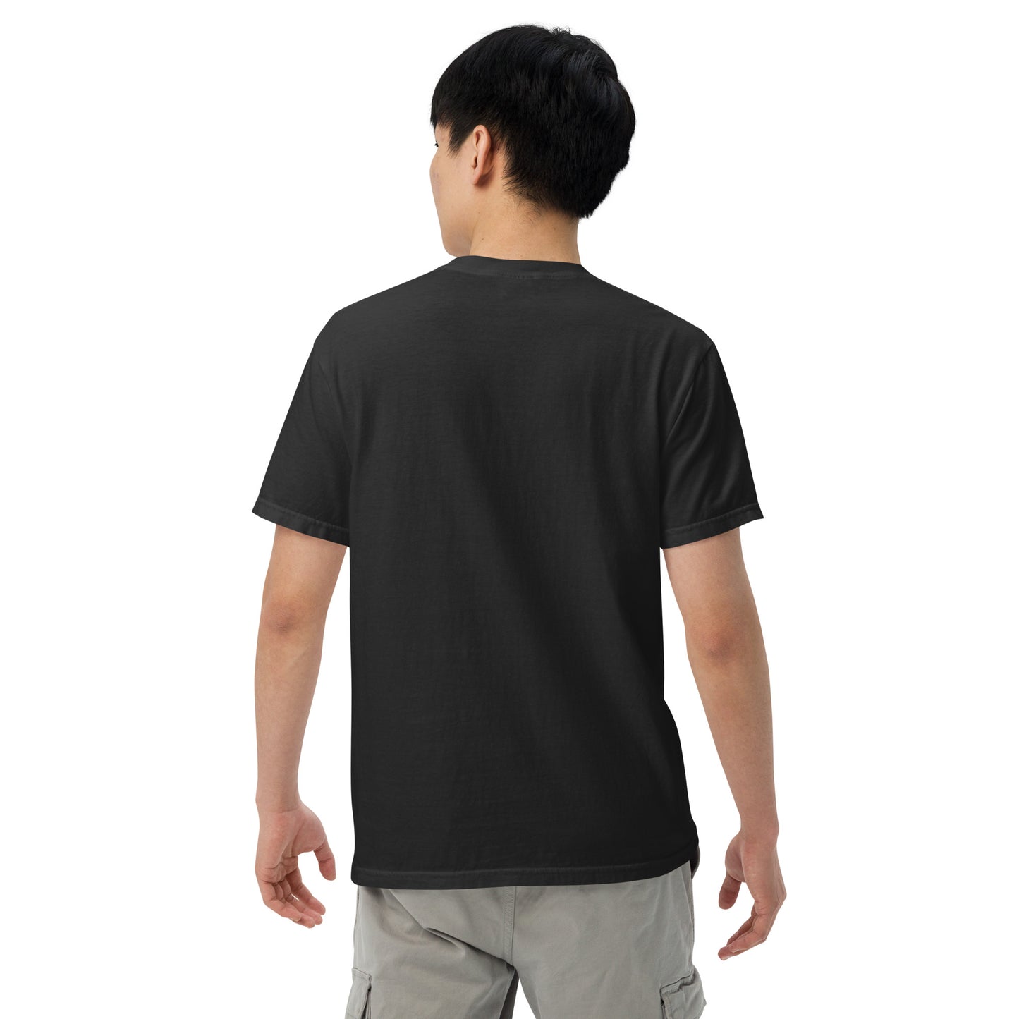 Back view of a person wearing a black t-shirt and light grey cargo shorts, standing against a plain white background.