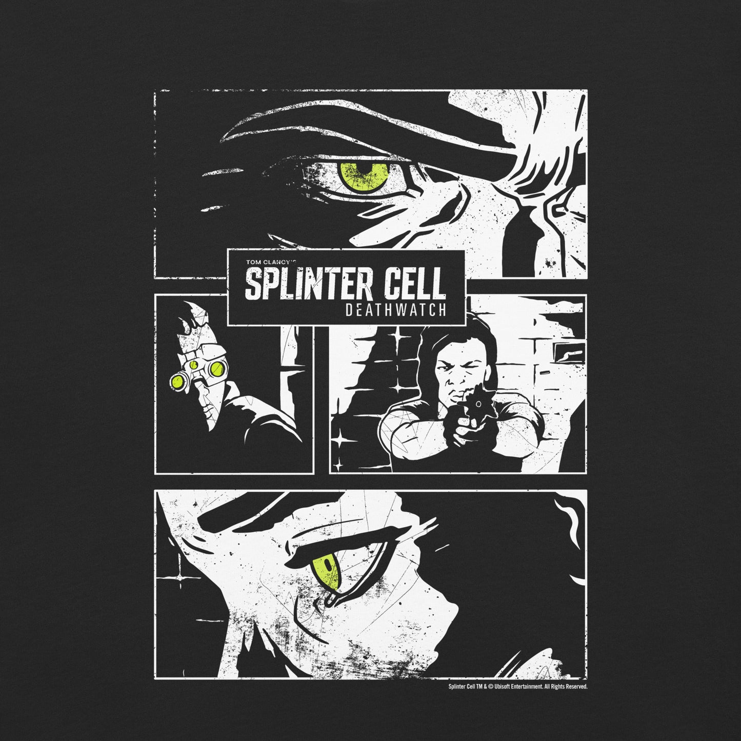 Comic-style graphic tee: "Splinter Cell Deathwatch" title, green eyes, character with goggles & one pointing a gun.