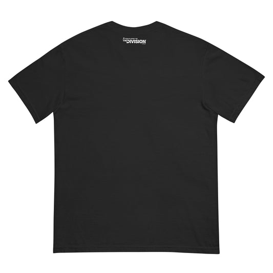 Back of a black t-shirt with a white "Tom Clancy's The Division" logo printed on the upper back.