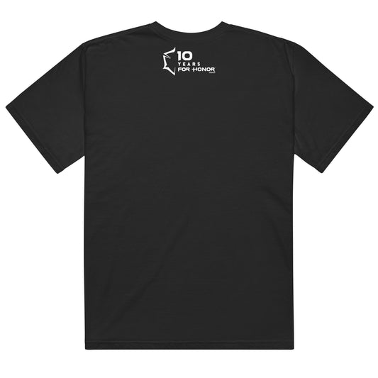 Back of a black t-shirt with a white graphic displaying "10 YEARS FOR HONOR" and "©Ubisoft".