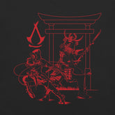 Red line art depicts an Assassin and a Samurai in battle, with the Assassin's Creed logo and a Japanese torii gate.