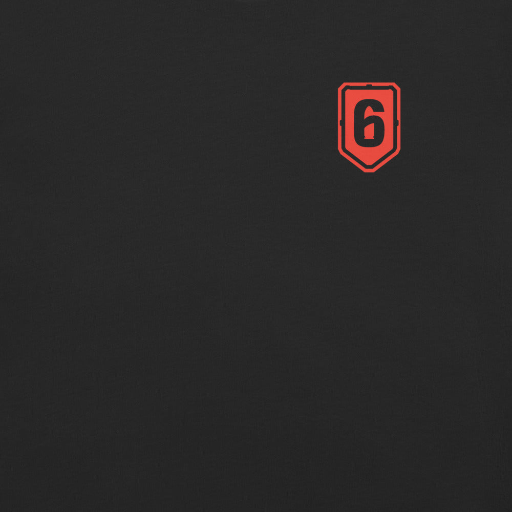 Red shield emblem with black '6' on black fabric.