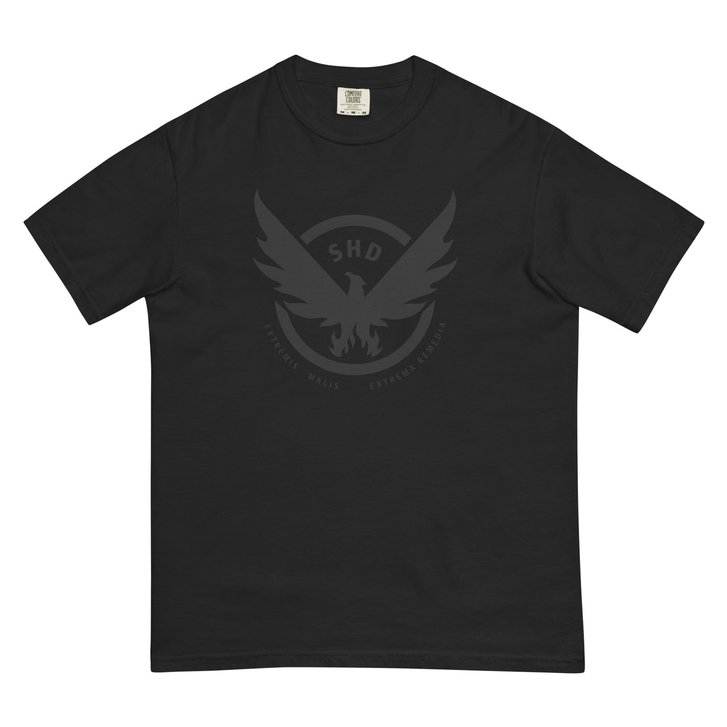 Black t-shirt with a subtle dark grey phoenix logo featuring 'SHD' and the Latin motto 'Extremis Malis Extrema Remedia'.