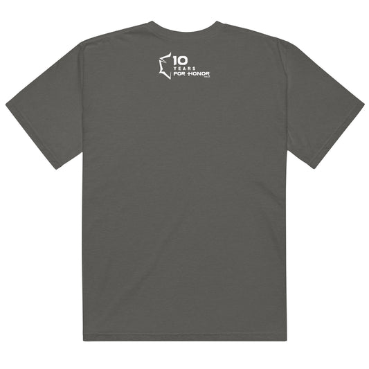 Dark gray t-shirt, back view. White '10 YEARS FOR HONOR' logo with small Ubisoft copyright text.