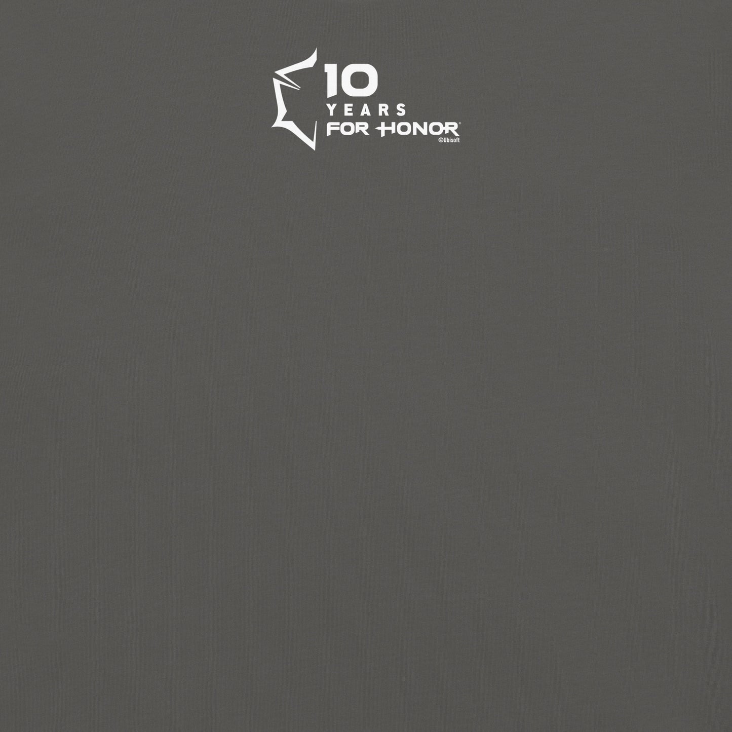 White '10 YEARS FOR HONOR' logo with shield graphic & '©Ubisoft' on dark grey textured fabric.