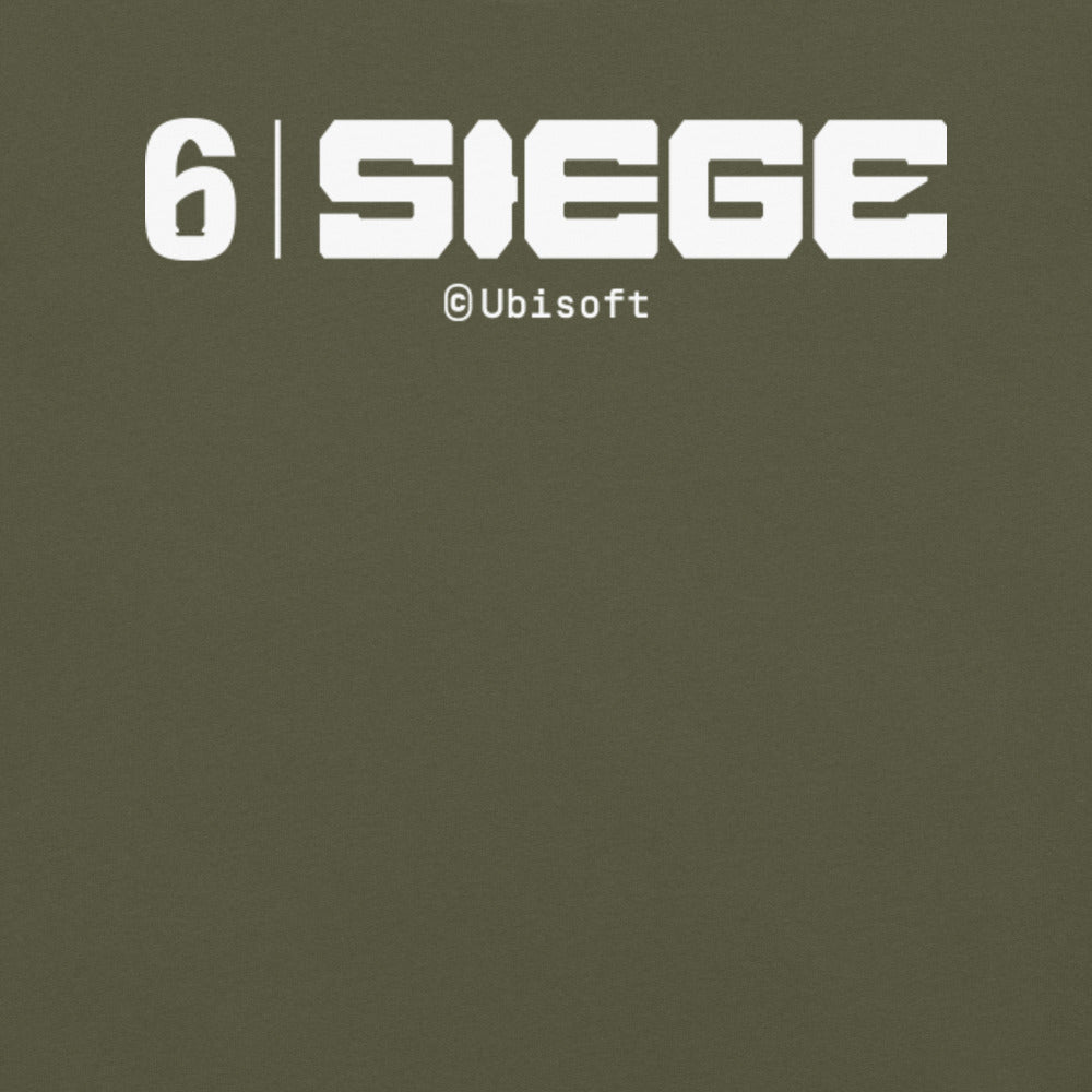 White '6 | SIEGE' text with '© Ubisoft' below it, printed on olive green fabric.