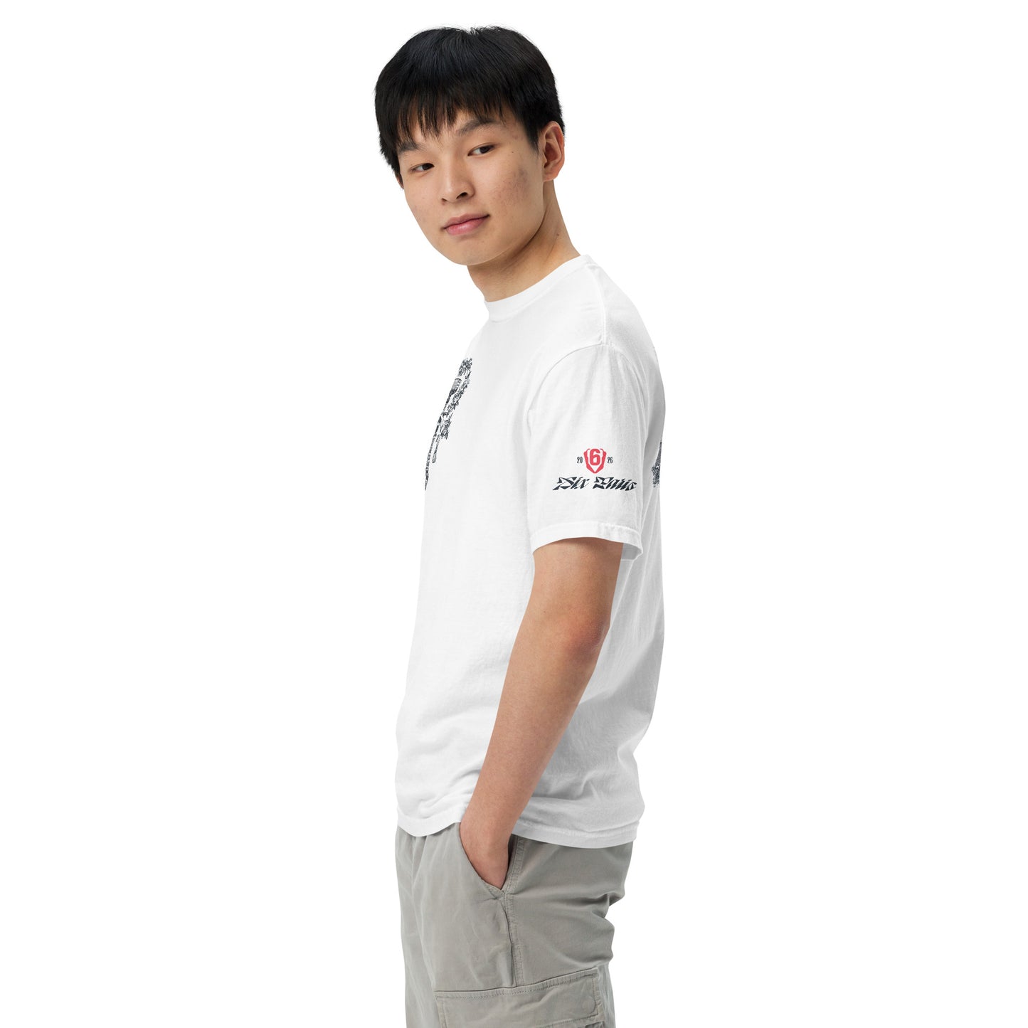 Red shield logo with '6' and '20 26', plus 'Sir Bulls' text on the short sleeve of a white t-shirt.