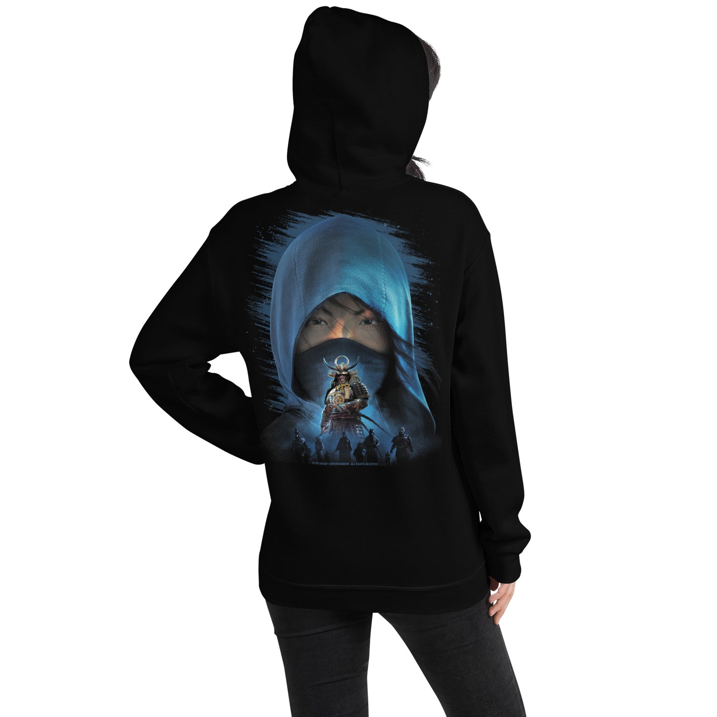 Back of a person in a black hoodie with a graphic of a blue-hooded figure whose eyes are visible, and a samurai below.