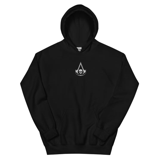White Assassin's Creed emblem with a skull at its base on a black hoodie.