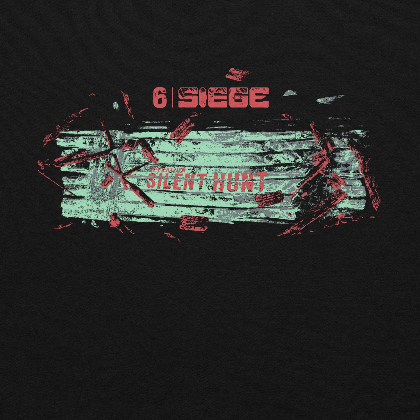 Distressed "6 SIEGE" logo with "OPERATION SILENT HUNT" text on a boarded barrier design in red, teal, and grey.