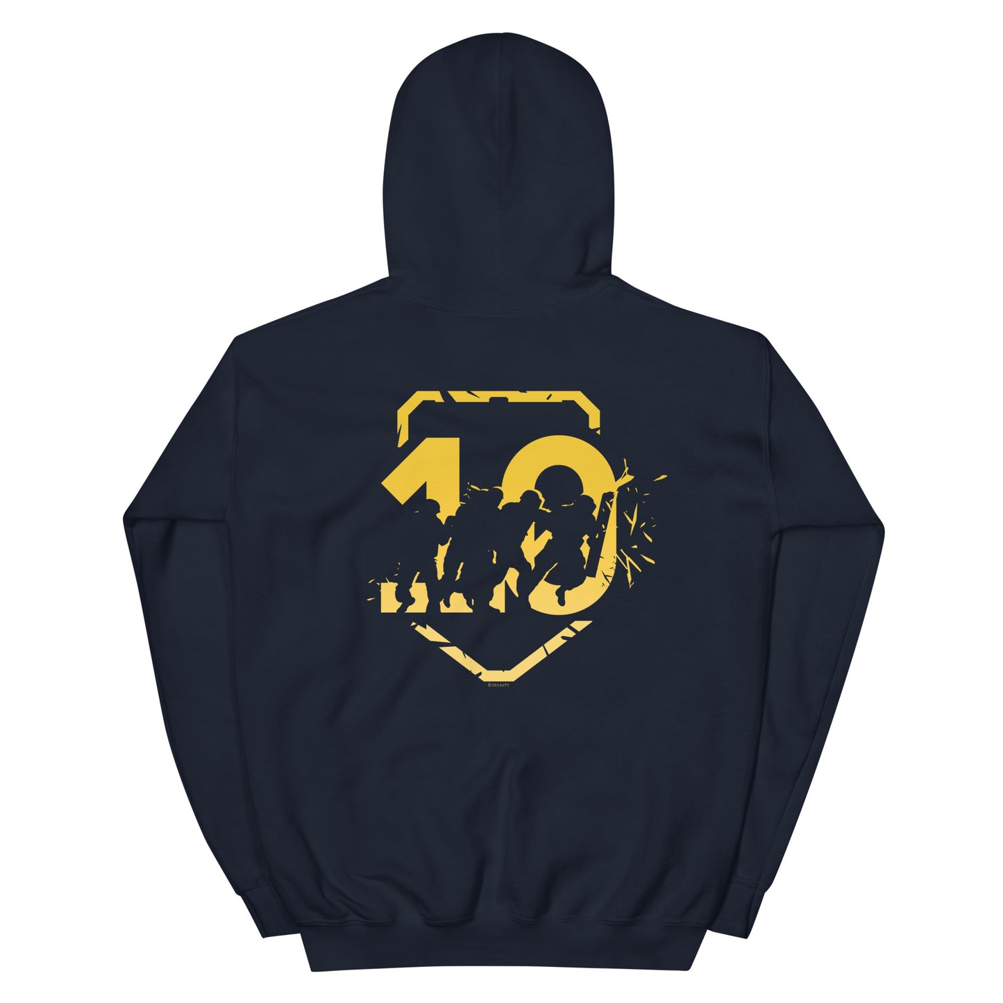 A dark blue hoodie, back view, with a yellow graphic of a stylized "10" featuring tactical figures within a crest. "@Ubisoft"