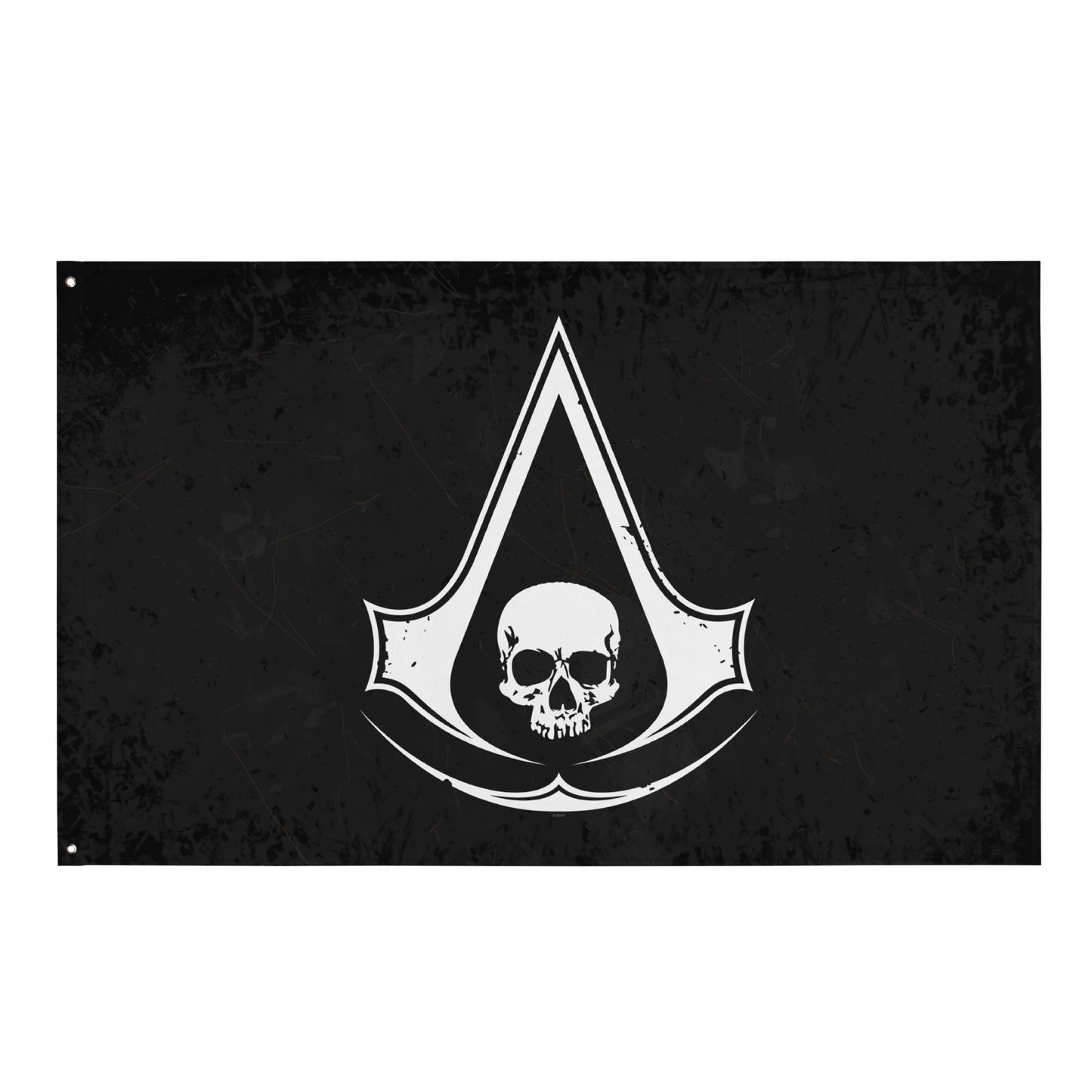 Distressed black flag with white Assassin's Creed skull logo. Metal grommets in corners.