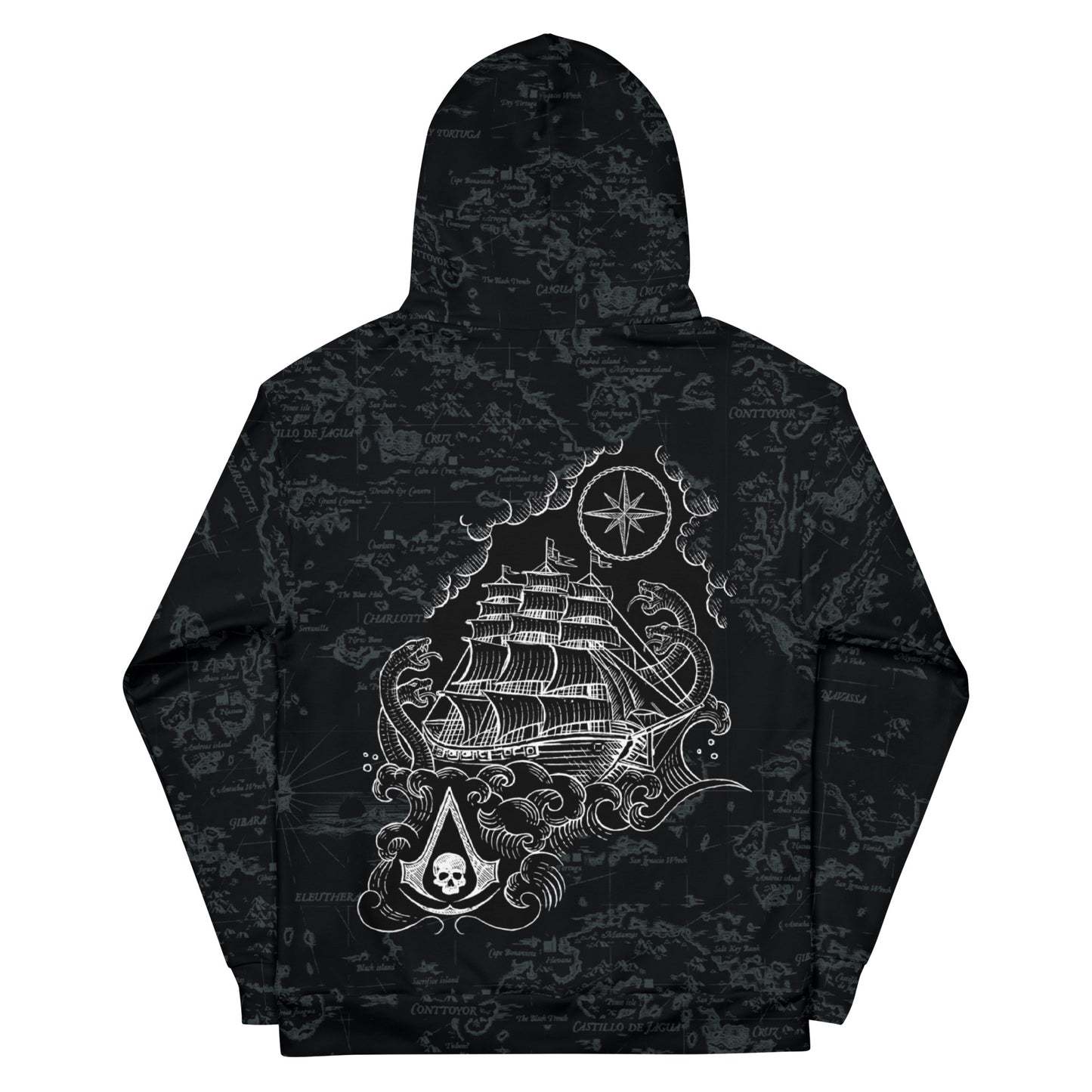 Black hoodie with a map pattern, featuring a white illustration of a pirate ship, sea serpents, compass rose, and Assassin's 