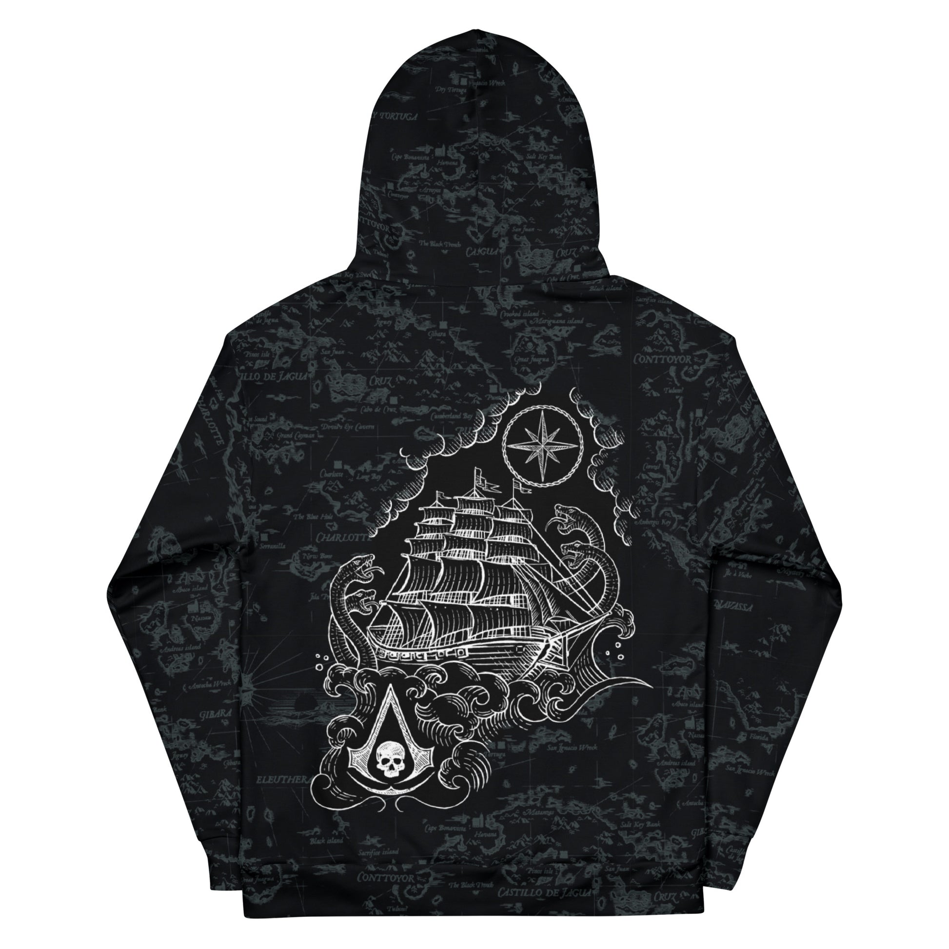 Black hoodie with a map pattern, featuring a white illustration of a pirate ship, sea serpents, compass rose, and Assassin's 