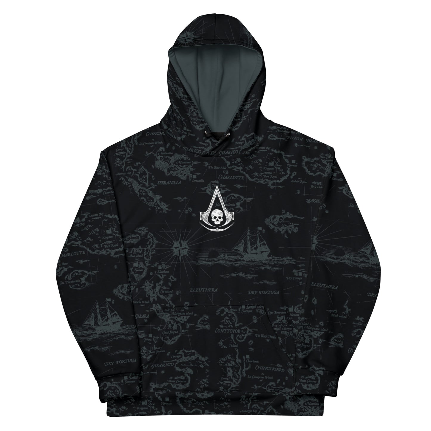 Black hoodie with a dark gray map print, sailing ships, compasses, and a central white Assassin's Creed skull logo.