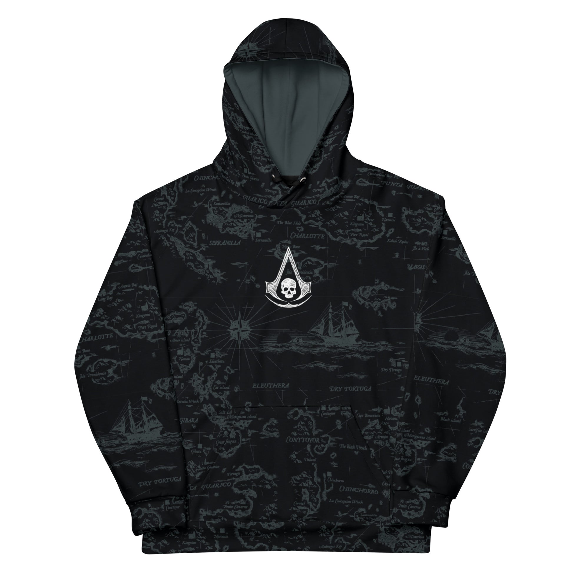 Black hoodie with a dark gray map print, sailing ships, compasses, and a central white Assassin's Creed skull logo.