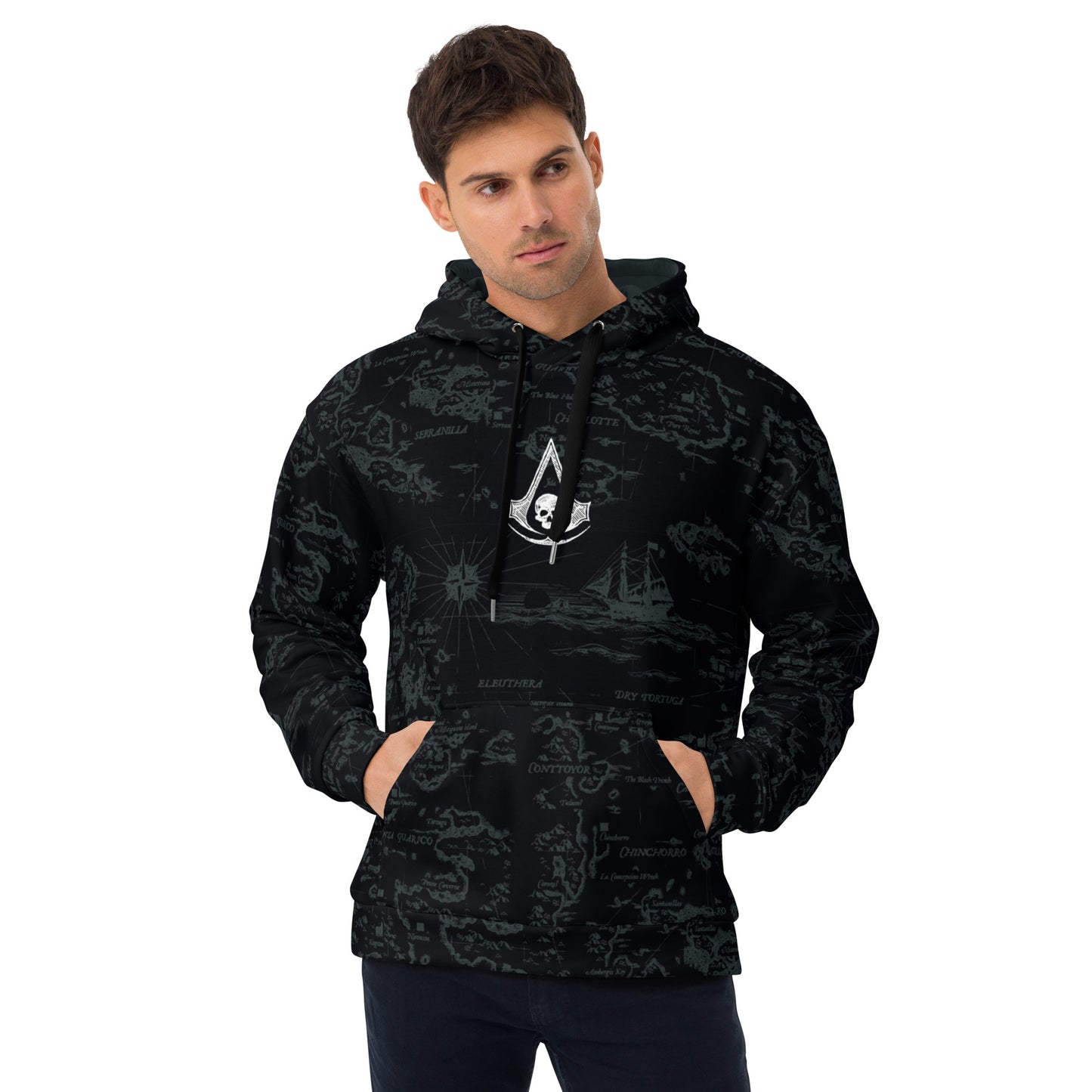 Dark grey hoodie with a pirate map design and Assassin's Creed Black Flag logo.