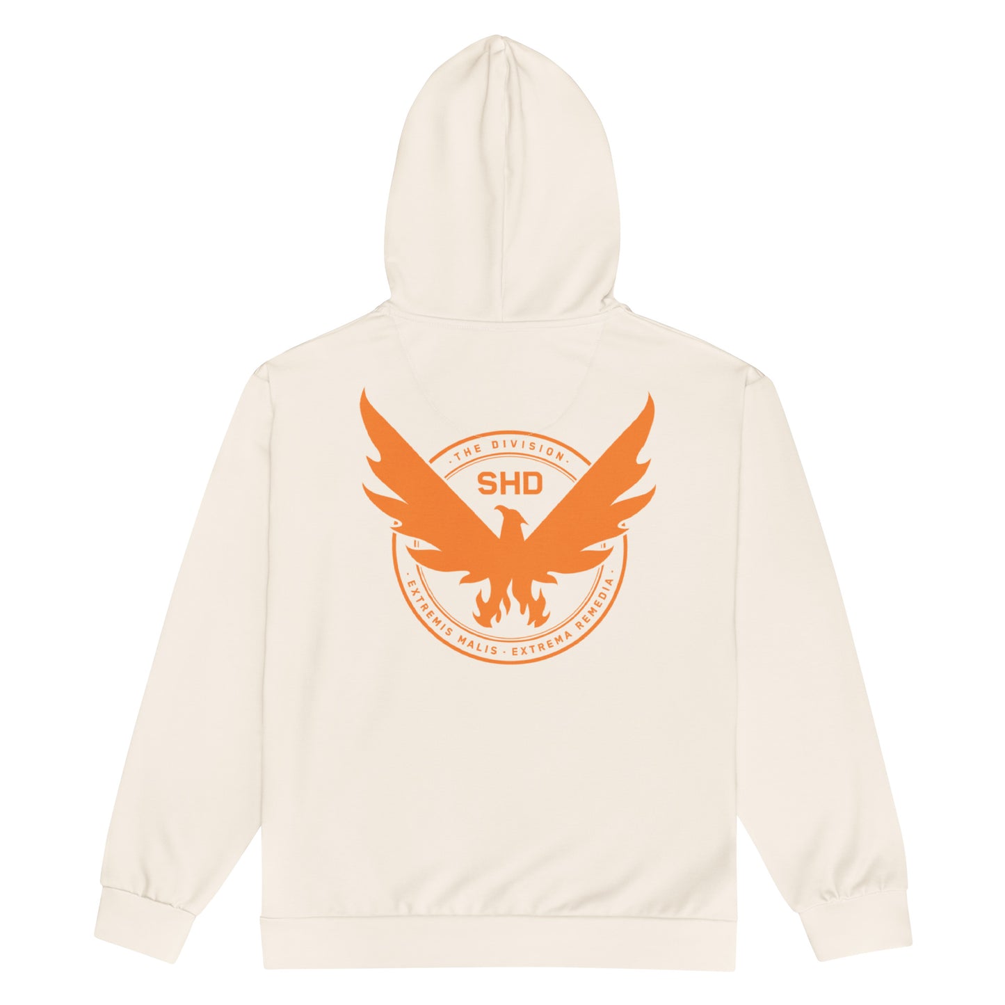 Back of a cream hoodie with a large orange circular logo of a phoenix, "THE DIVISION SHD", and "EXTREMIS MALIS EXTREMA REMEDI