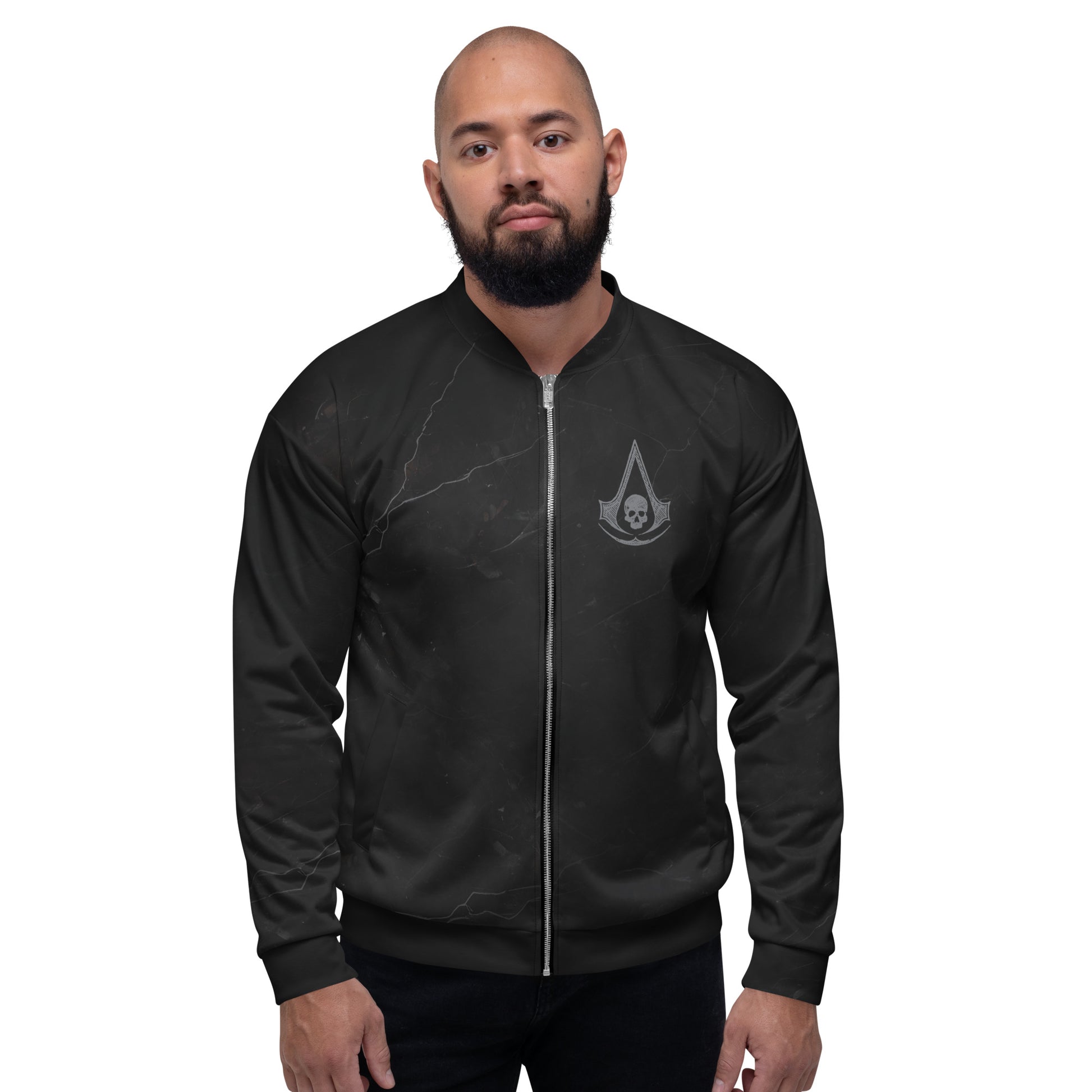 Black bomber jacket with a subtle grey marble pattern and a grey Assassin's Creed skull logo on the left chest.