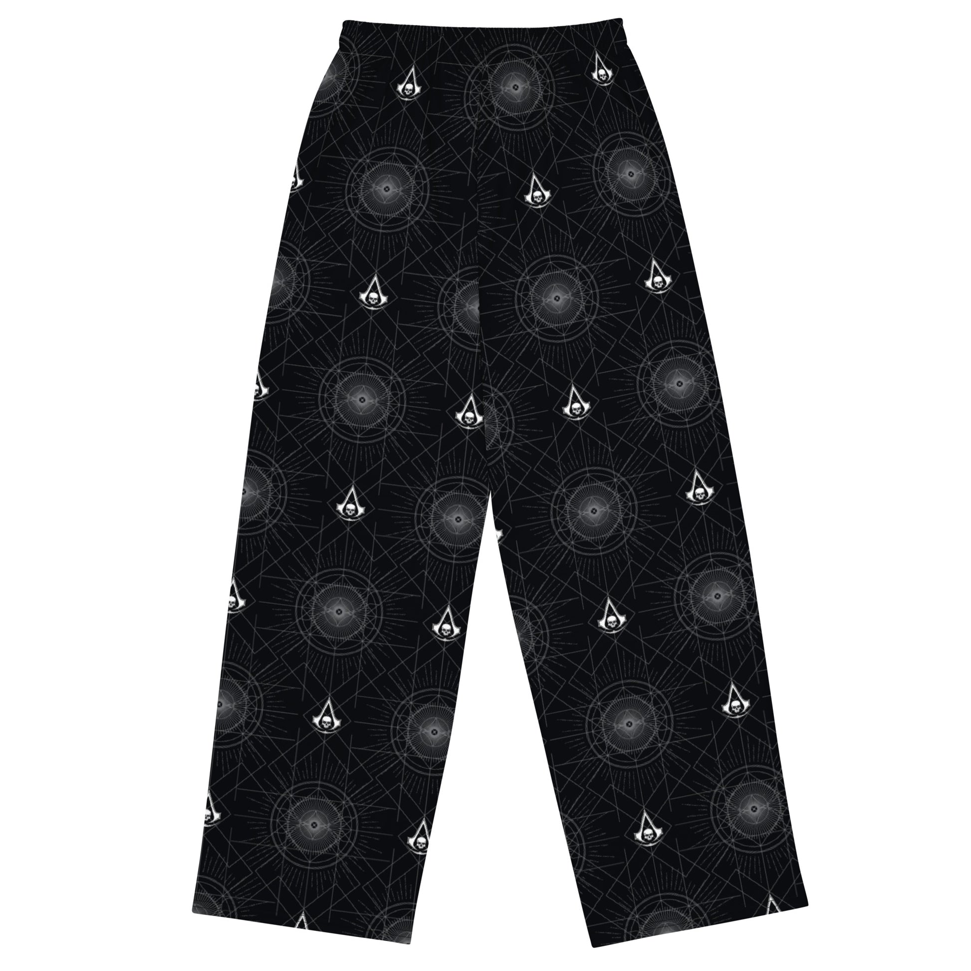 Black pajama pants pattern: white Assassin's Creed skull logos & grey geometric starburst circles.