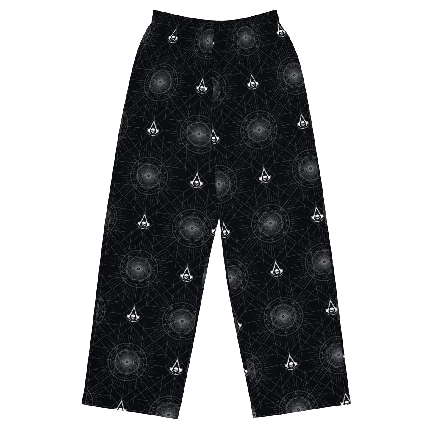 Black pants with repeating pattern: white Assassin's Creed skull 'A' logo and gray geometric starburst.