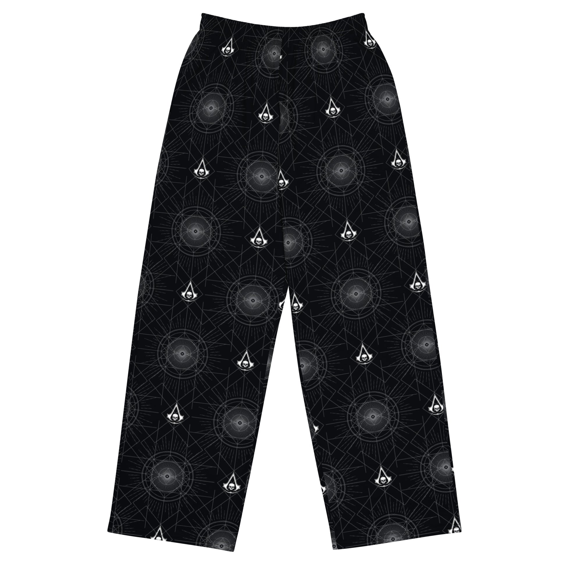 Black pants with repeating pattern: white Assassin's Creed skull 'A' logo and gray geometric starburst.