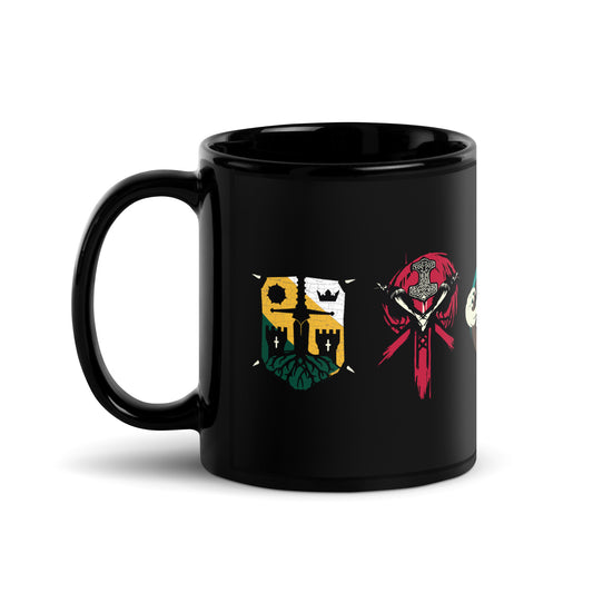 Black mug with three fantasy-themed designs: a crest with sword, a red Mjolnir, and a partial white symbol.