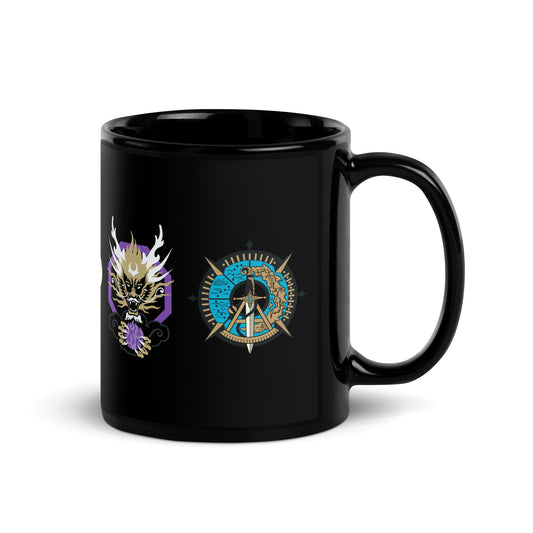 Black mug with two colorful designs: a golden dragon head and a compass rose emblem with a sword and anchor.