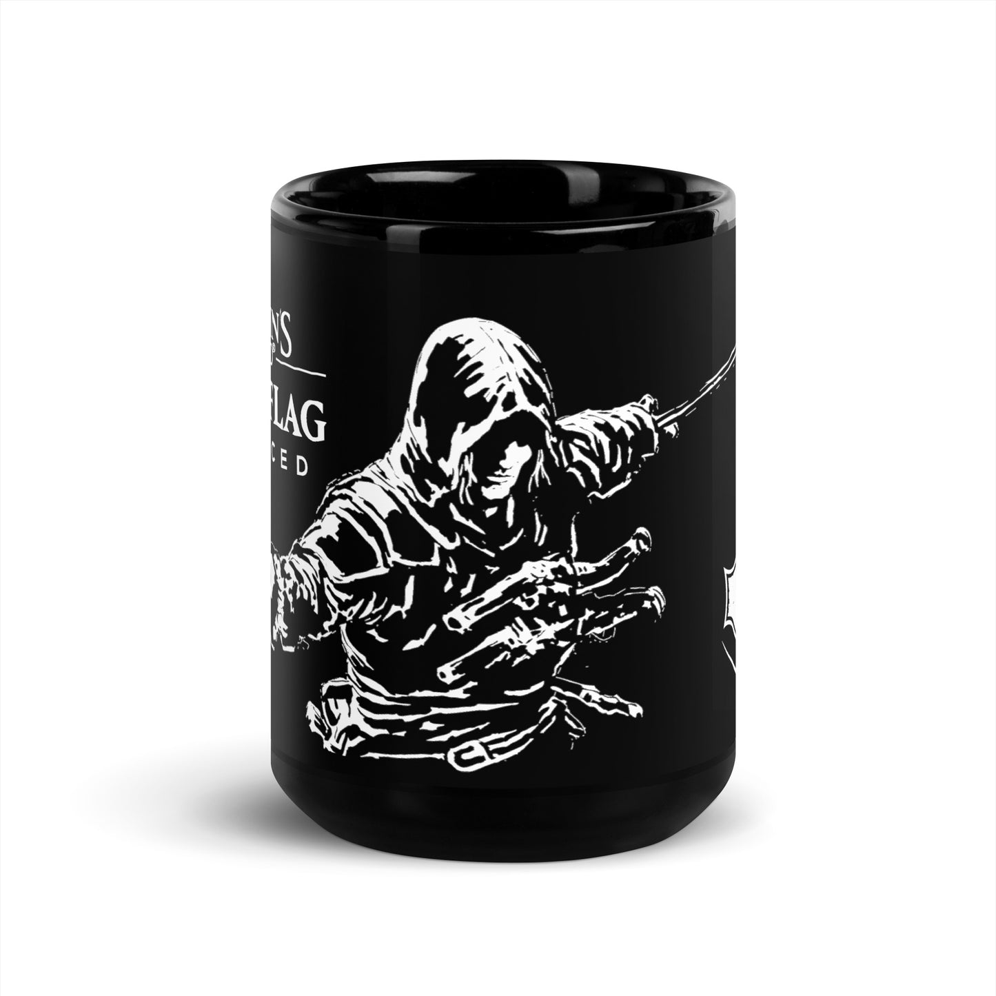 White, textured hooded jacket on a figure, part of a graphic on a black mug.