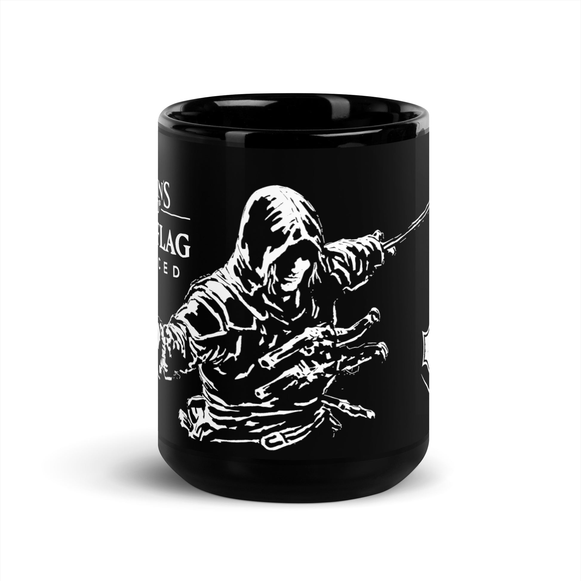 White, textured hooded jacket on a figure, part of a graphic on a black mug.