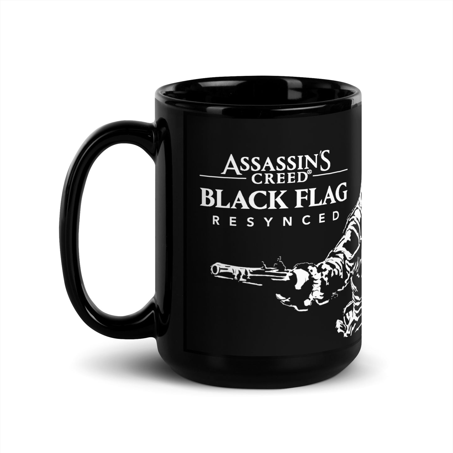 White graphic on black mug shows a figure from 'Assassin's Creed Black Flag' in a hooded coat holding a pistol.