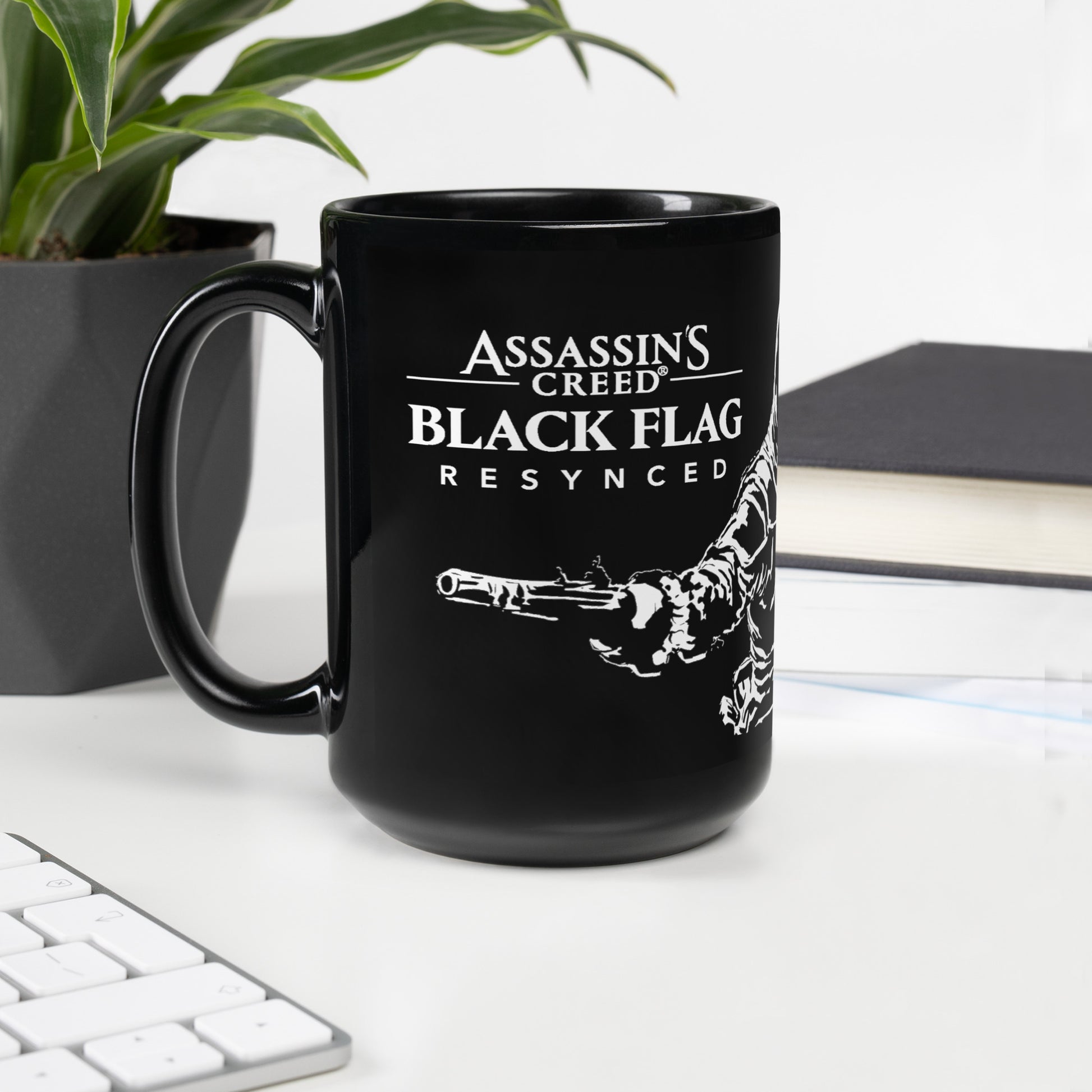 White Assassin's Creed Black Flag Resynced logo with a graphic of a hand holding a pistol.