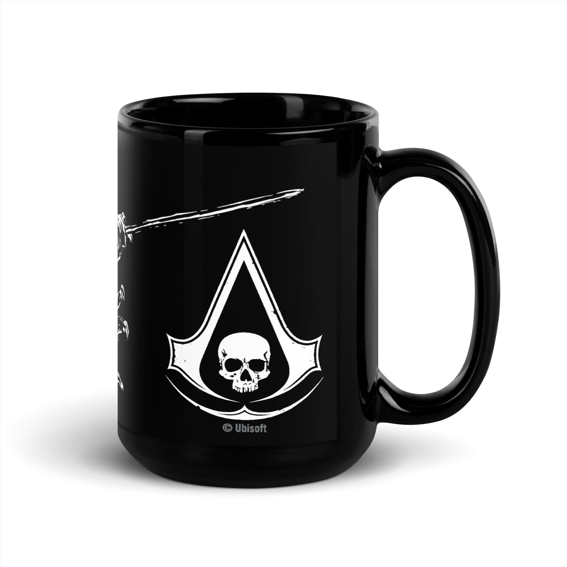 Black mug with white Assassin's symbol, skull, and sword logo. Includes '© Ubisoft'.