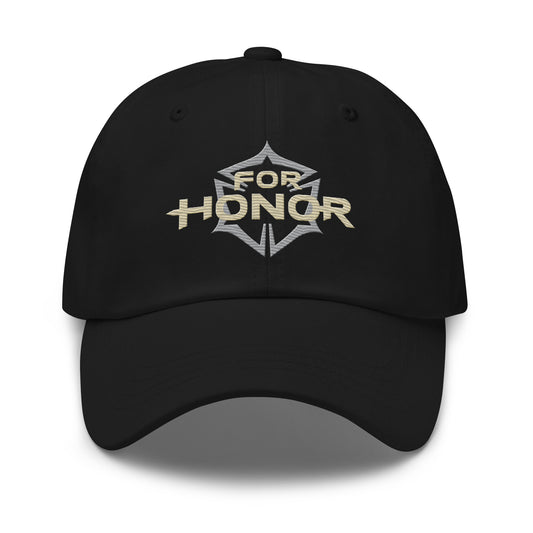 Black baseball cap with an embroidered "FOR HONOR" logo, featuring "FOR" above "HONOR" in tan, on a gray shield shape.