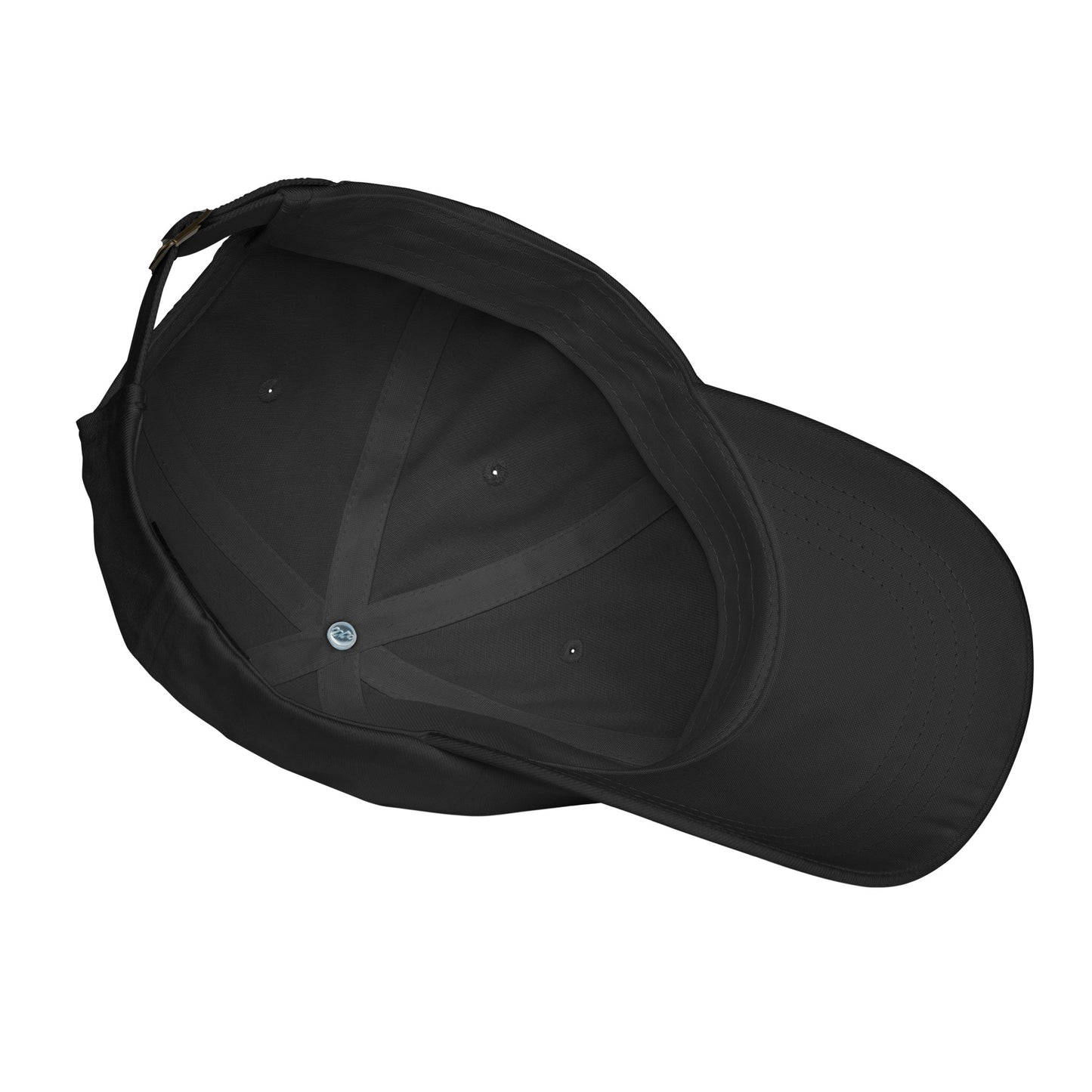 The interior of a black baseball cap, highlighting its internal seams, top button, and adjustable strap with a metal buckle.