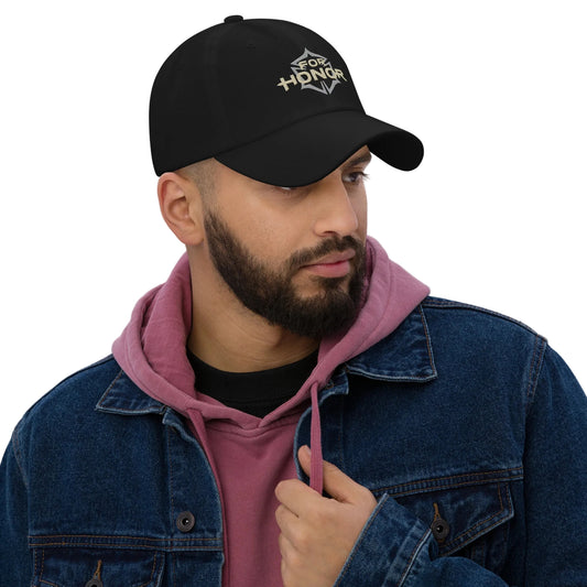 Black baseball cap with 'FOR HONOR' logo, pink hoodie, and blue denim jacket.