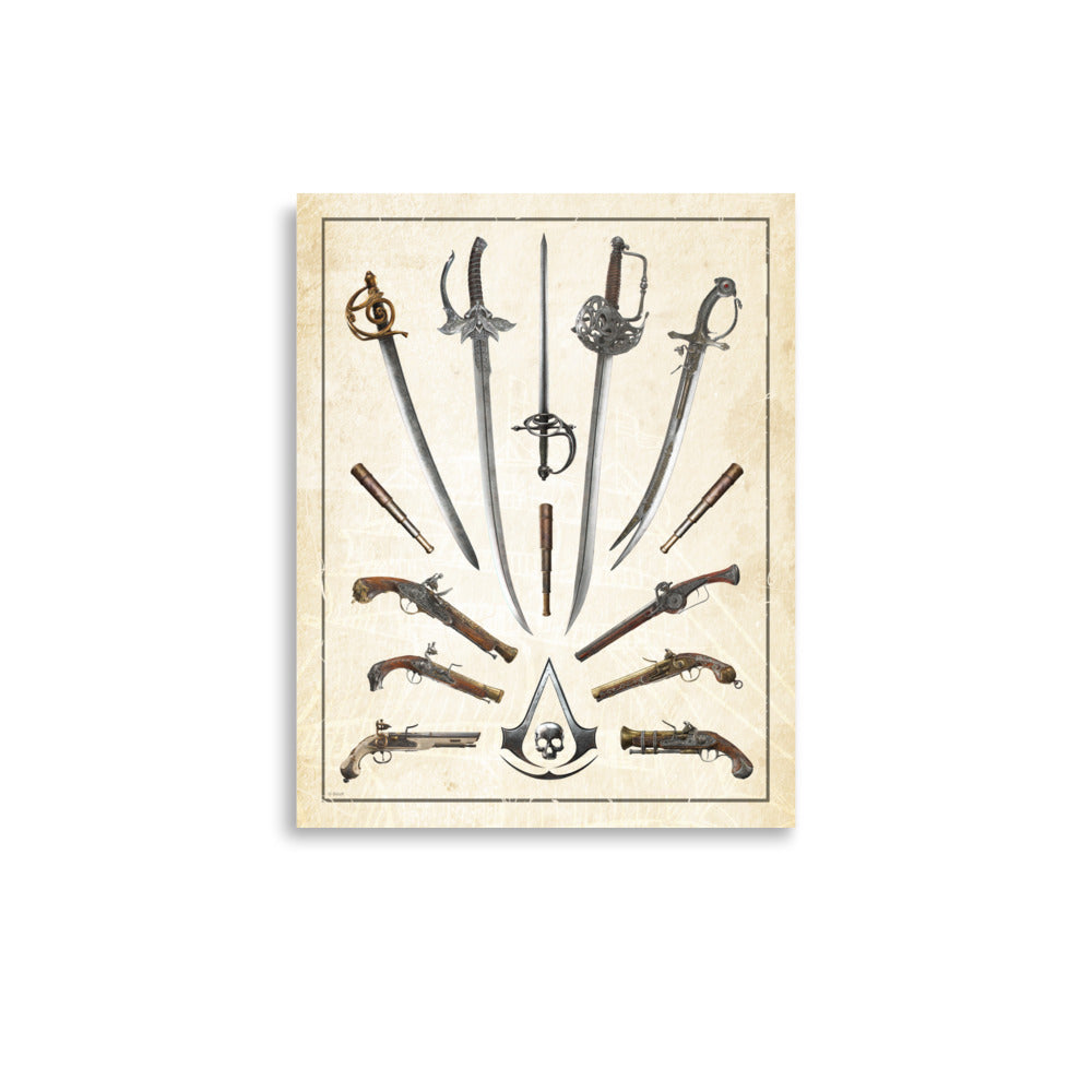 A collection of pirate weapons & tools: swords, pistols, & spyglasses, arranged around an Assassin's Creed skull logo.