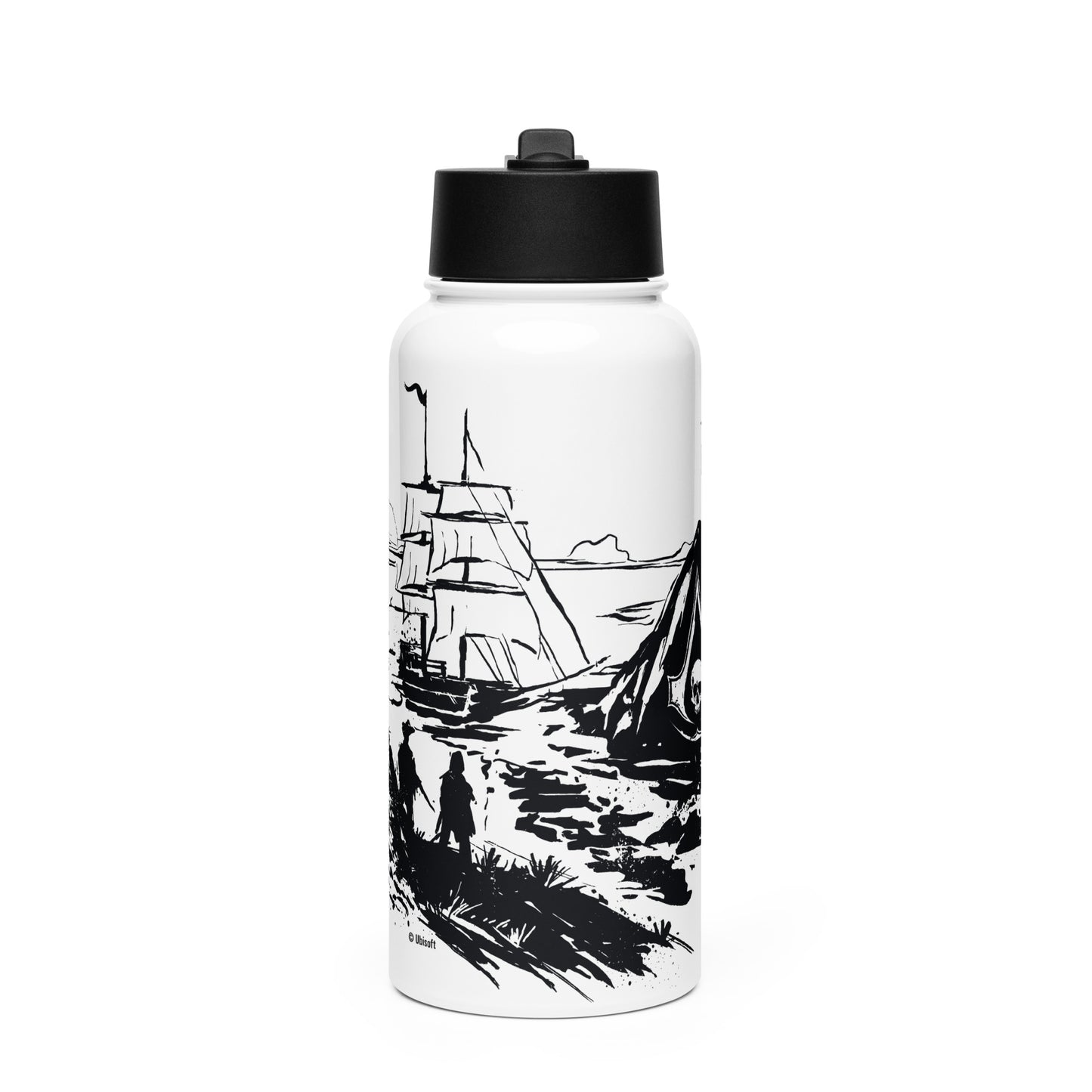 White water bottle bottom with 'Ubisoft' copyright and a black ink drawing of a pirate figure and ground.